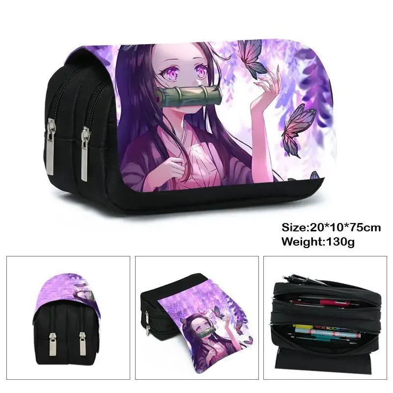Anime Demon Slayer Pencil Case: Student Bilayer Storage Bag, Cartoon Pen Box, Cosplay Props Accessories