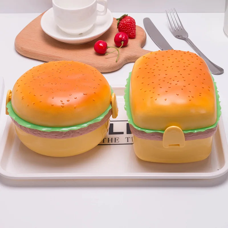 Cute Kawaii Double-Tier Burger Bento Box for Kids, Microwave Safe Fun and Functional Lunchware