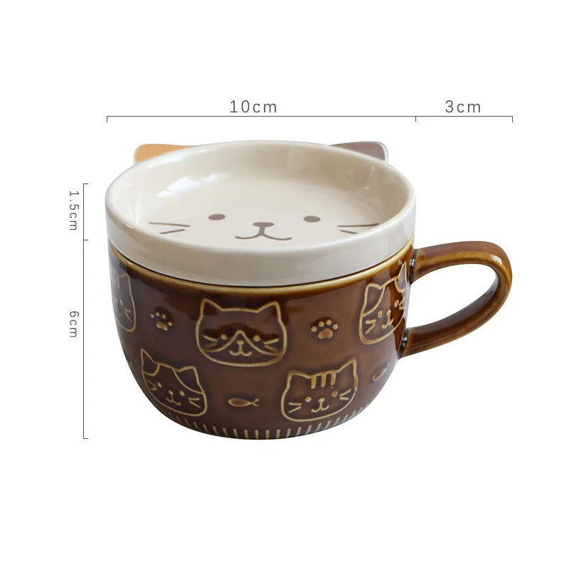 Japanese Cartoon Cat With Cover Coffee Cup, Cute Breakfast Cup With Lid