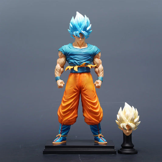 Super Saiyan Blue Son Goku Replacable Heads Anime Figures, Dragon Ball Z Action Figurines PVC 30 CM