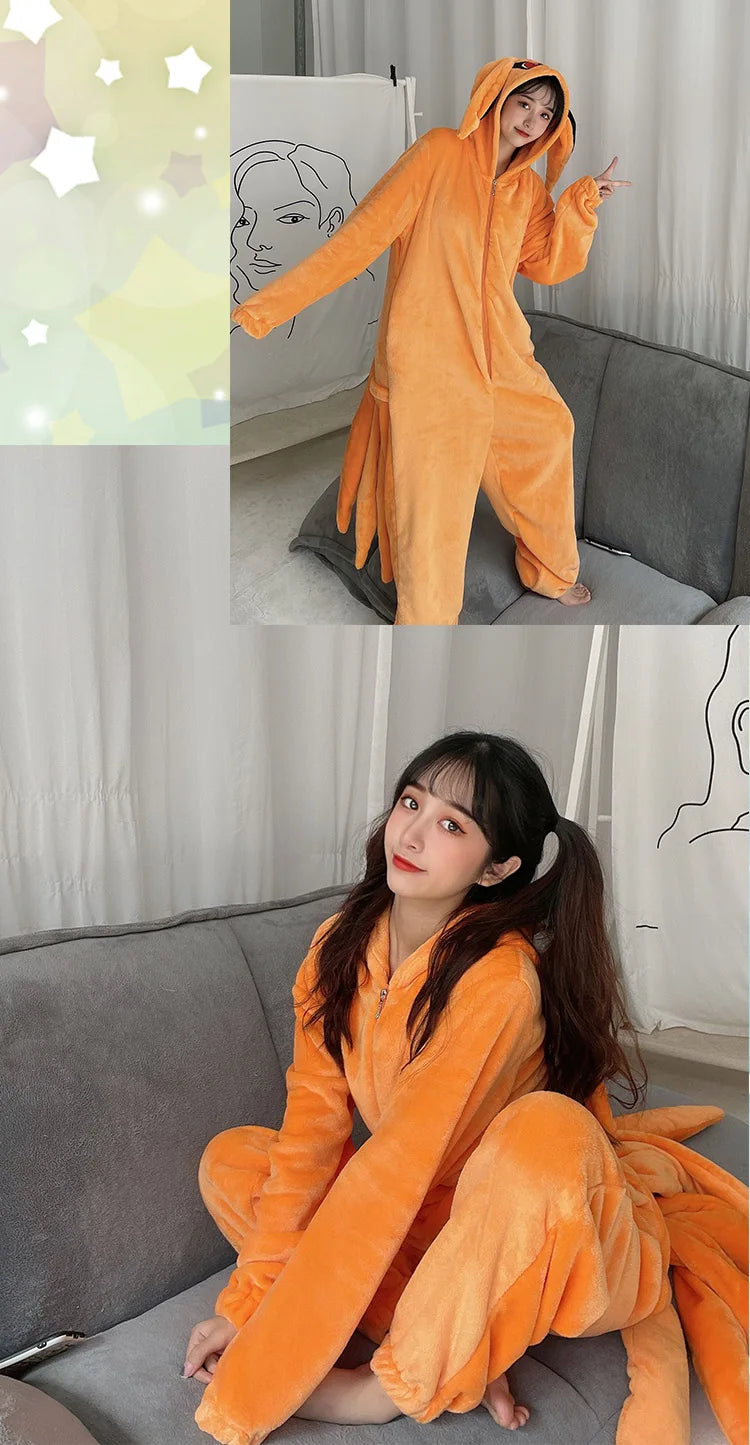 Naruto Shippuden Kurama Kyuubi Fox Cosplay Costume Kigurumi Adult Unisex Anime Pajamas Flannel Jumpsuit Sleepwear Onesies
