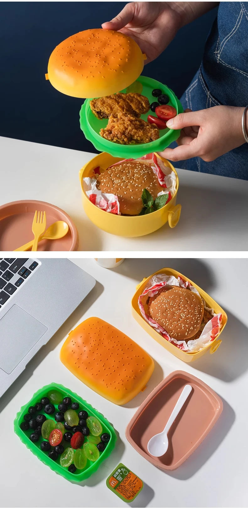 Cute Kawaii Double-Tier Burger Bento Box for Kids, Microwave Safe Fun and Functional Lunchware