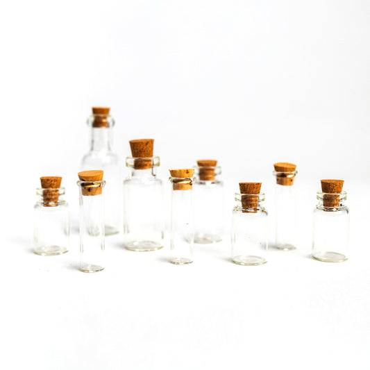 Mini Glass Bottles Set of 9 Tiny Jars with Cork Lid