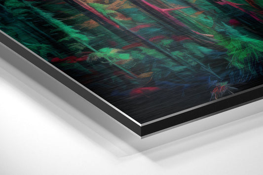 Magenta Glow Deep Green Pine Woods Brushed Aluminum Dibond Wall Art