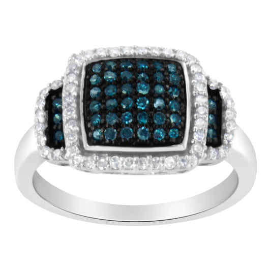 Black Rhodium Plated .925 Sterling Silver 1/2 Cttw White & Blue Diamond Square Halo Cocktail Ring (Fancy Blue & H-I Color, I2-I3 Clarity) - SIze 6 Otarealm