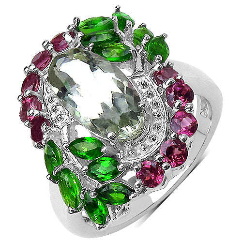 3.64 Carat Genuine Green Amethyst, Chrome Diopside and Rhodolite .925 Sterling Silver Ring Otarealm