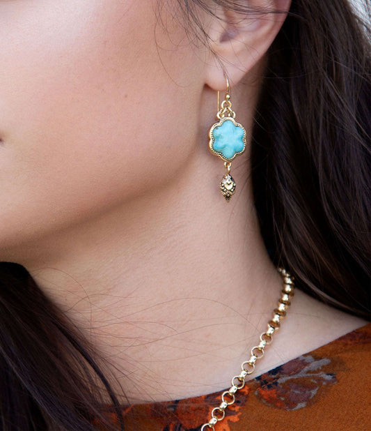 Blue Turquoise Flower Golden Drop Earrings Otarealm