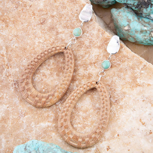 Blue Turquoise Top Carved Wood Sterling Silver Earrings Otarealm