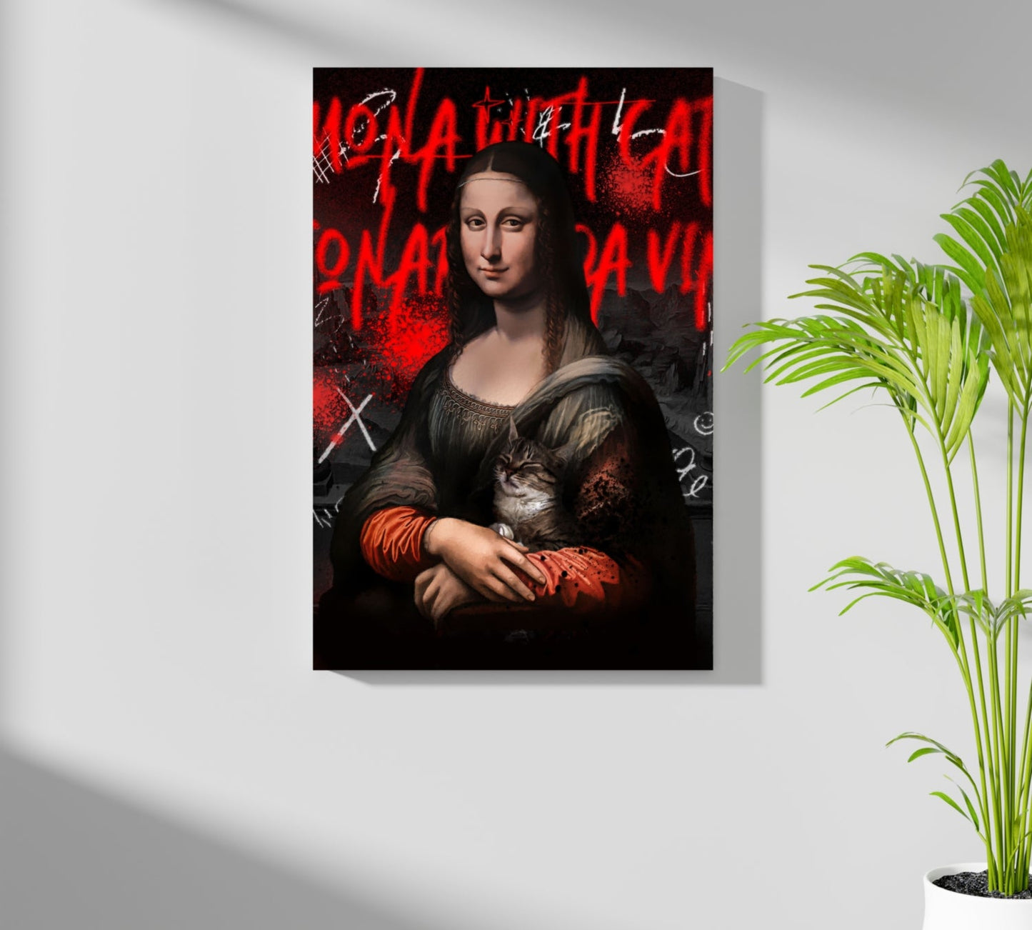 Mona Lisa Red Graffiti Lady Holding Cat Classic Aluminum Print