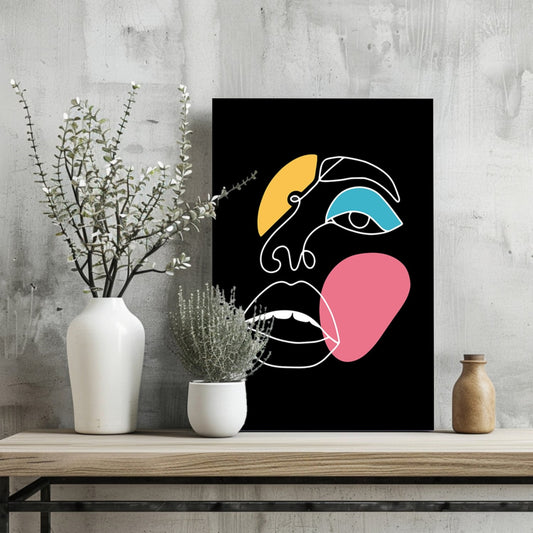 Black One Line Colorblock Face Aluminum Print