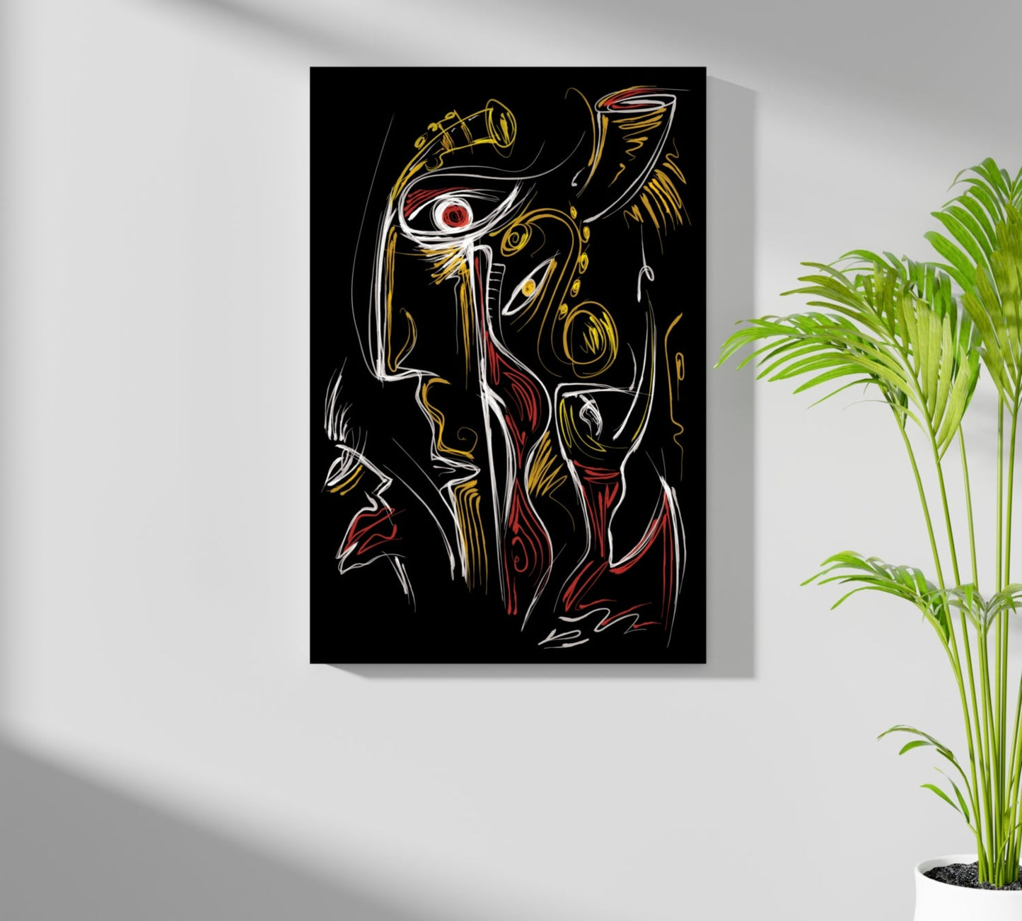 Gold Red Line Sketch Faces Black Aluminum Print