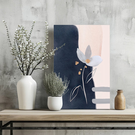 Navy and Blush Gold Leaf Bloom Abstract Flower Aluminum Print