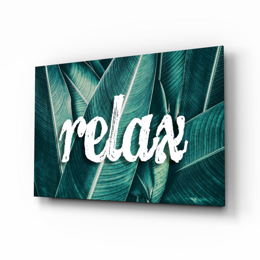 Relax Script on Teal Banana Leaves Glass Wall Art
