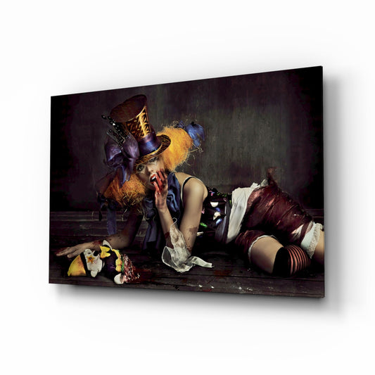Reclining Circus Jester Woman Glass Wall Art