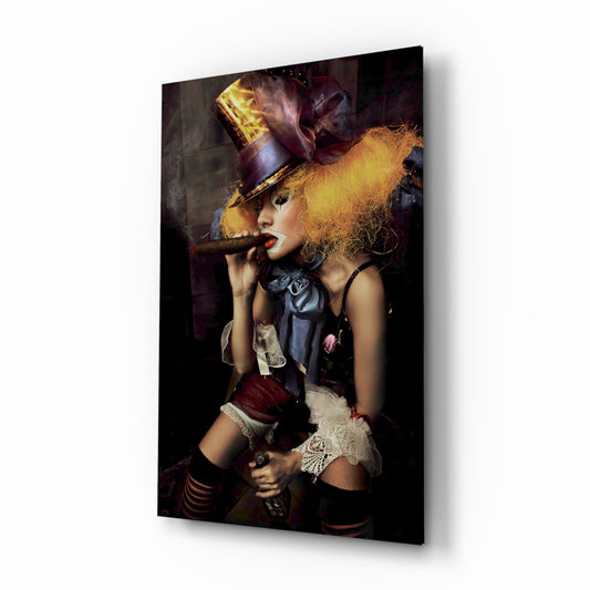 Top Hat Jester Woman With Cigar Glass Wall Art