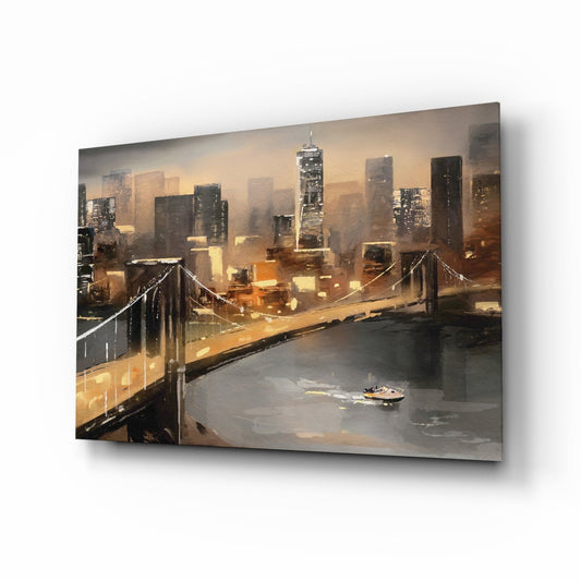 Painted Suspension Bridge at Dusk Glass Wall Art