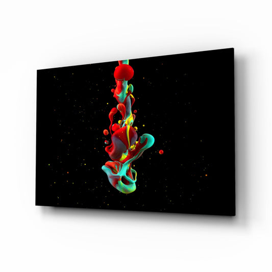 Red Teal Splash on Black Glass Wall Art