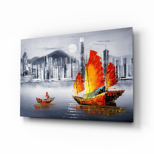Red Sail Junk Boat Gray Skyline Glass Wall Art