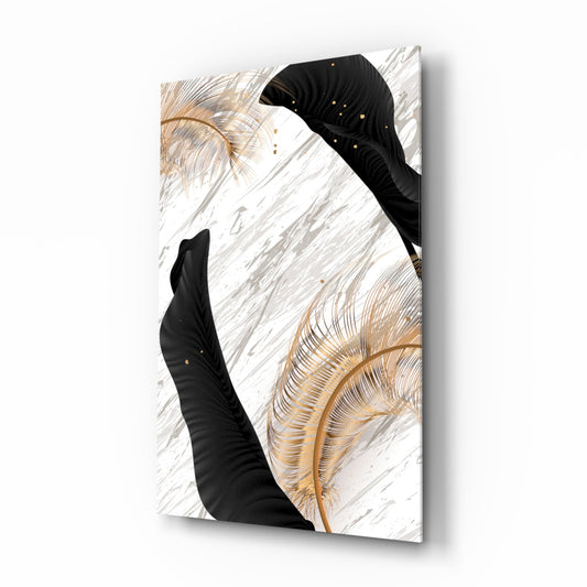 Gold Feather Black Leaf Marble Glass Wall Art