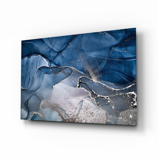 Steel Blue Gold Ink Glass Wall Art