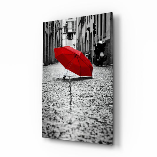 Lone Red Umbrella Cobblestone Street Glass Wall Art