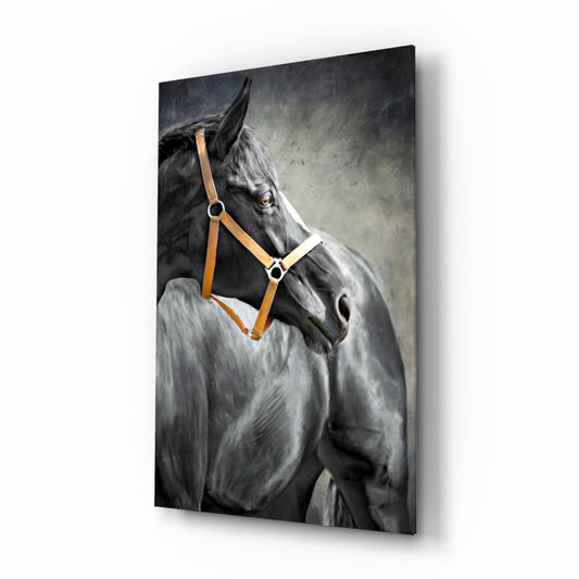 Black Horse Leather Halter Glass Wall Art