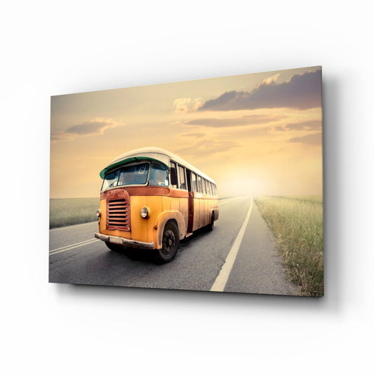 Retro Bus Golden Sunset Highway Glass Wall Art