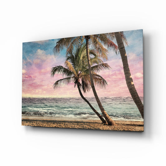 Leaning Palm Trees Pink Sunset Beach Glass Wall Art