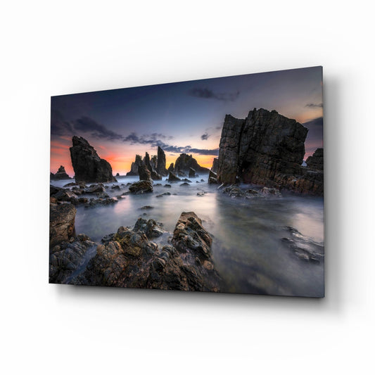 Long Exposure Sea Stacks at Dusk Glass Wall Art