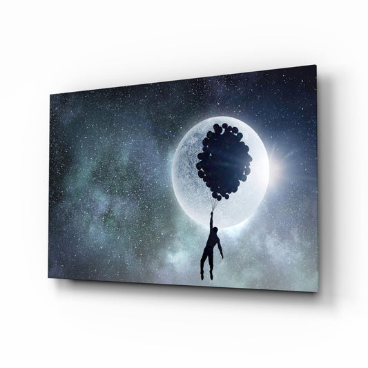 Man Floating on Balloons Full Moon Glass Wall Art