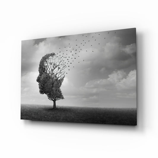 Head Tree Birds Leaving Branches Glass Wall Art
