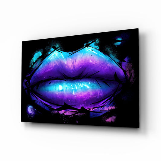 Purple Turquoise Galaxy Painted Lips Glass Wall Art
