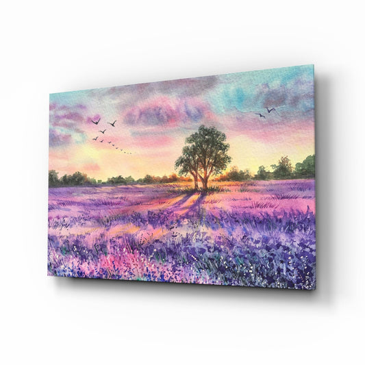 Lavender Field Lone Tree Sunset Glass Wall Art