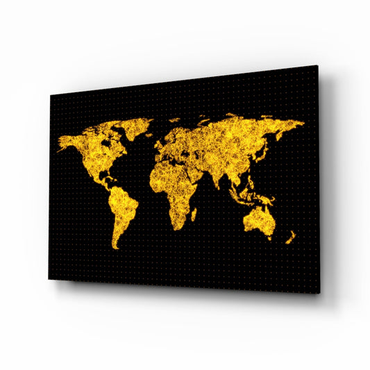 Glowing Golden World Map Glass Wall Art