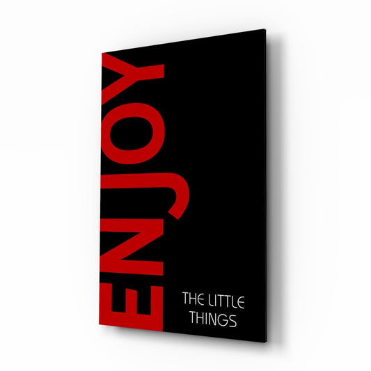 Red Enjoy Typography On Black Glass Wall Art