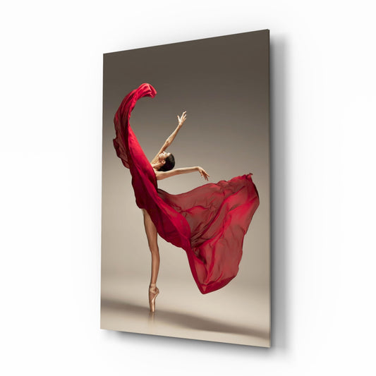 Red Gown Arabesque Ballerina Glass Wall Art