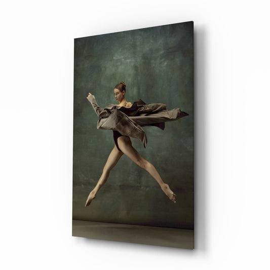 Leaping Ballerina Brown Drape Glass Wall Art