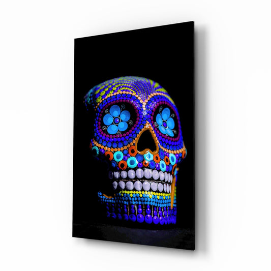 Cobalt Blue Beaded Sugar Skull Glass Wall Art