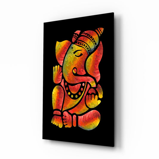 Fiery Red And Yellow Stylized Ganesha Glass Wall Art