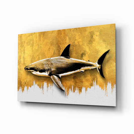 Gold Brushstroke Backdrop Shark Glass Wall Art