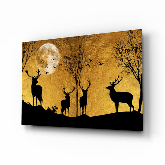 Stag Silhouettes Gold Moon Ridge Glass Wall Art