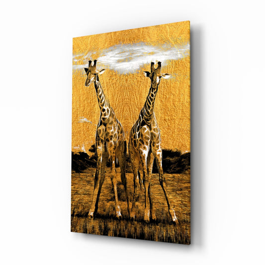 Amber Sun Two Walking Giraffes Glass Wall Art