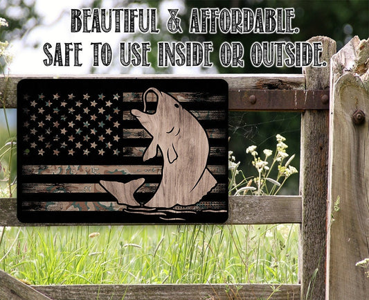 Camouflage American Flag Fishing - Metal Sign