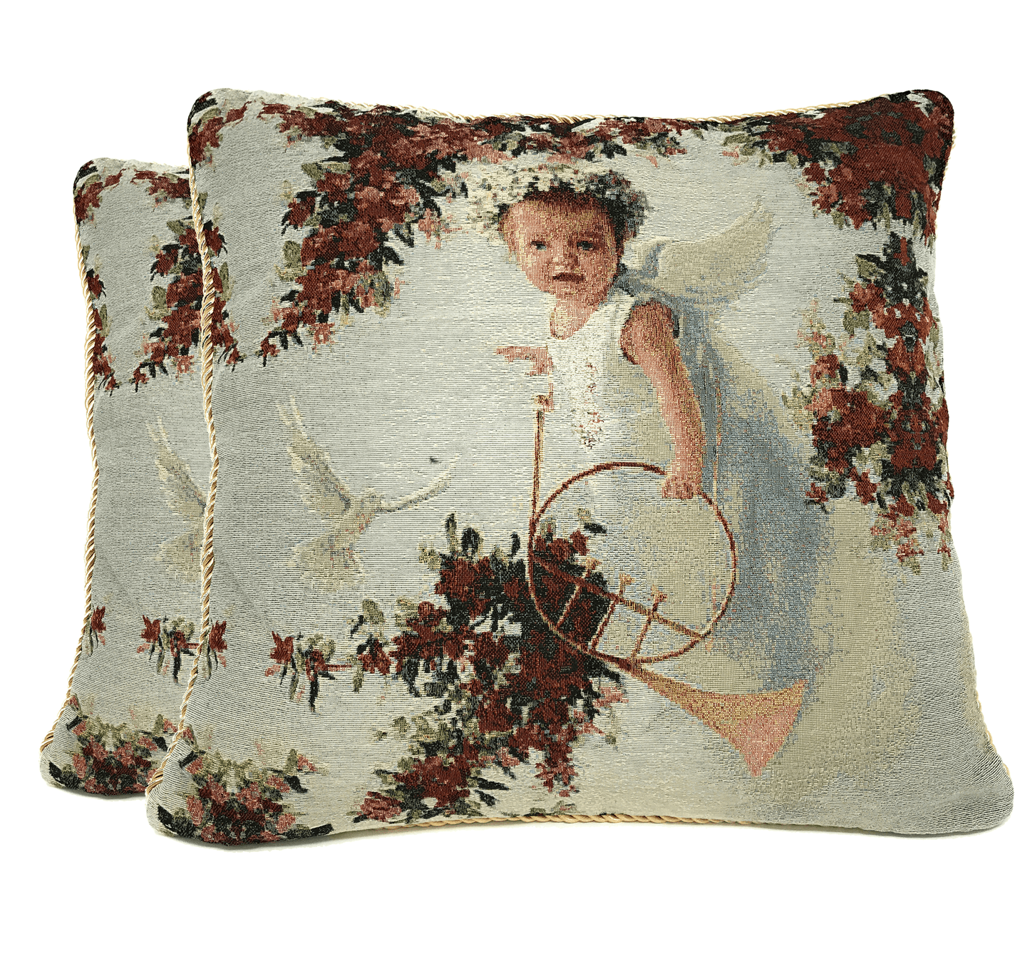 Tache Cupid's Horn Antique Rose Bird Dove Woven Tapestry Throw Pillow Cover (16375)