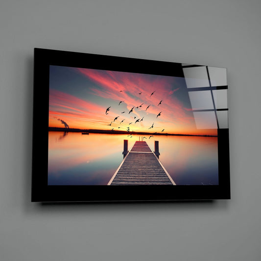 Pink Sky Birds Pier Glass Wall Art