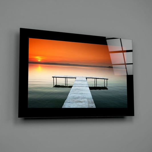 Orange Sky Lake Pier Glass Wall Art