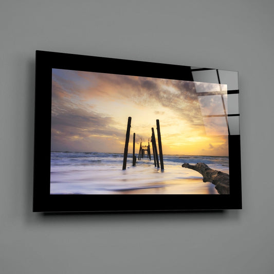Old Pier Pilings Sunset Glass Wall Art