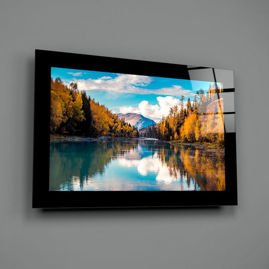 Golden Autumn River Bend Glass Wall Art