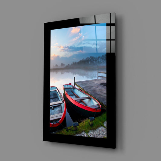 Red Rowboats on Misty Lake Dock Glass Wall Art