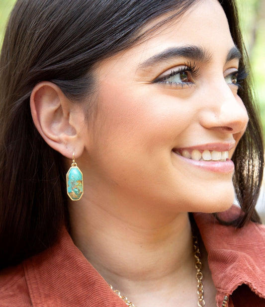 Dolce Teal Blue Turquoise Matrix Golden Drop Earrings Otarealm